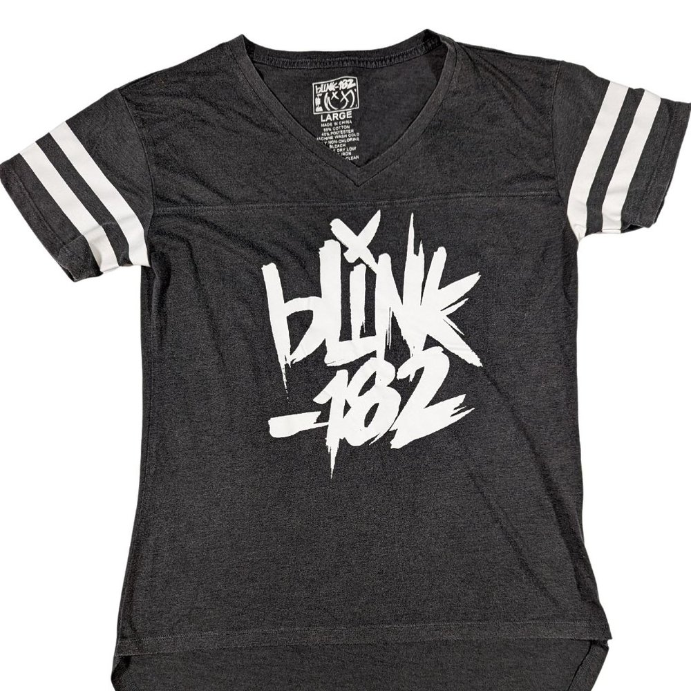 BLINK 182 Gray White Short Sleeve V-Neck T-Shirt Large